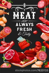 Butchery meat and grocery sausages, meaty products. Vector smoked veal, mutton ribs or butcher shop gourmet gastronomy pork ham and beef steak, meat brisket and chicken leg or liver and chorizo. Meat products, smoked butcher shop sausages