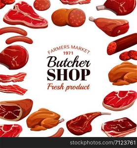 Butchery poster. Fresh meat raw, beef steak and pork ham. Meat product vector background. Illustration of butcher shop and market. Butchery poster. Fresh meat raw, beef steak and pork ham. Meat product vector background