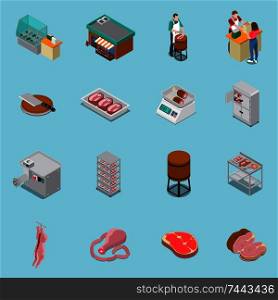 Butchery sausage shop isometric icons collection of sixteen isolated icons with human characters and production facilities vector illustration. Isometric Butchery Icons Collection