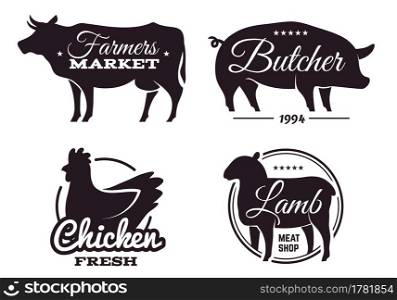 Butchery shop labels with domestic animals silhouettes. Meat store emblems design template. Selling beef and pork, chicken and lamb fresh products. Vector farmers food market black contour banners set. Butchery shop labels with domestic animals silhouettes. Meat store emblems design template. Selling beef and pork, chicken and lamb products. Vector farmers food market black banners set