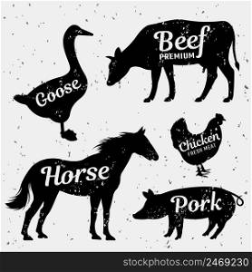 Butchery with quotes monochrome set including farm animals and typographic letterings on texture background isolated vector illustration. Butchery With Quotes Monochrome Set