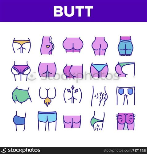 Butt Human Body Part Collection Icons Set Vector Thin Line. Butt With Tattoo In Heart Form And Hair, Wear Pants And Jeans Concept Linear Pictograms. Color Contour Illustrations. Butt Human Body Part Collection Icons Set Vector