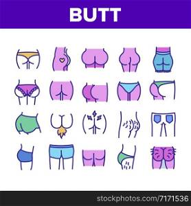 Butt Human Body Part Collection Icons Set Vector Thin Line. Butt With Tattoo In Heart Form And Hair, Wear Pants And Jeans Concept Linear Pictograms. Color Contour Illustrations. Butt Human Body Part Collection Icons Set Vector