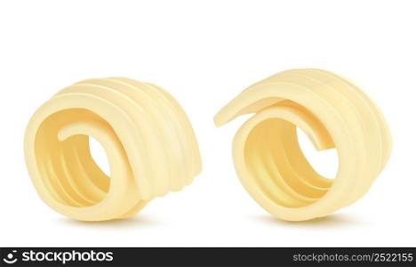 Butter curl 3d realistic vector illustration. Swirls of margarine or vegan vegetable spread, rolled creamy dairy product, set icon isolated on white background. Butter curl or swirls 3d vector illustration