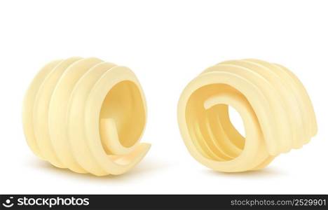 Butter curl 3d realistic vector illustration. Swirls of margarine or vegan vegetable spread, rolled creamy dairy product, set icon isolated on white background. Butter curl or swirls 3d vector illustration