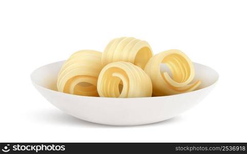 Butter curl 3d realistic vector illustration. Swirls of margarine or vegan vegetable spread in porcelain bowl, rolled creamy dairy product, set icon isolated on white background. Butter curl or swirls in bowl 3d vector