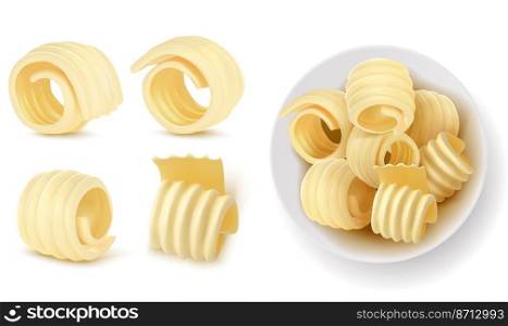 Butter curl 3d realistic vector illustration. Swirls of margarine or vegan vegetable spread in porcelain bowl top view, rolled creamy dairy product, set icon isolated on white background. Butter curl or swirls in bowl 3d vector