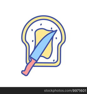 Butter spreading on bread RGB color icon. Toast with flavor. Fatty product. Dairy industry. Foodstuff, grocery food. Unhealthy snack. Cookery ingredient. Isolated vector illustration. Butter spreading on bread RGB color icon