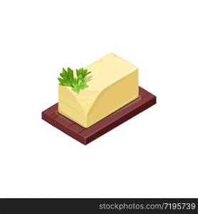 Butter with greenery on plate isometric vector icon, isolated dairy product, natural farm food made of fresh milk. vector butter with greenery on plate isometric