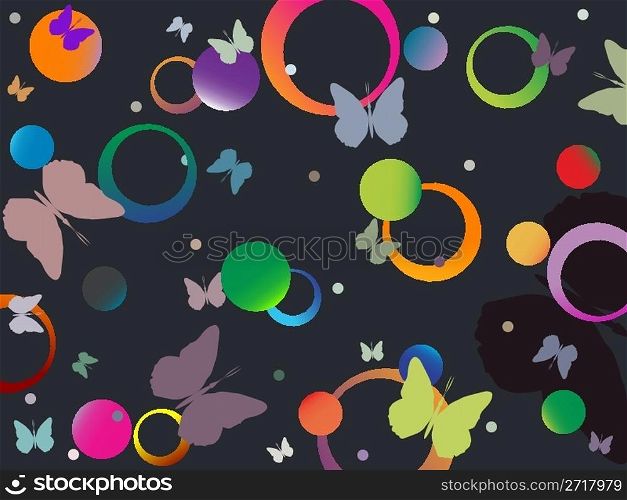 butterflies and bubbles in retro colors, abstract art illustration