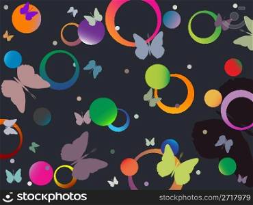 butterflies and bubbles in retro colors, abstract art illustration