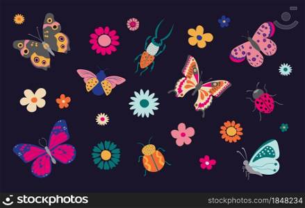 Butterflies and bugs. Spring and summer cartoon insects, colorful butterfly and ladybug with flowers. Vector isolated set illustrated cute insects with wings wildlife. 9 Butterflies and bugs. Spring and summer cartoon insects, colorful butterfly and ladybug with flowers. Vector isolated set
