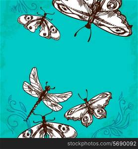 Butterflies and dragonflies insects blue background with floral ornament vector illustration