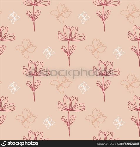 Butterflies and flowers seamless pattern vector illustration. Beautiful background with moths and flowering line art. Print for wallpaper, packaging, textile and paper. Butterflies and flowers seamless pattern vector illustration