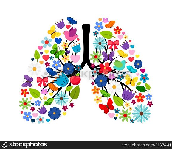 Butterflies and spring flowers in shape of human lungs. Vector floral flower and color summer artwork illustration. Butterflies and spring flowers in shape of human lungs