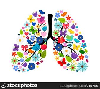 Butterflies and spring flowers in shape of human lungs. Vector floral flower and color summer artwork illustration. Butterflies and spring flowers in shape of human lungs