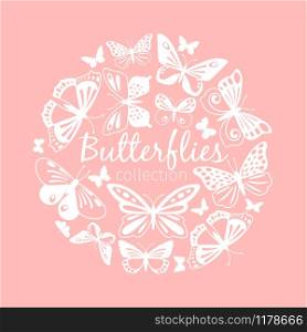 Butterflies circle pattern. White butterflies on gentle pink background, cute ornament for wedding invitations vector illustration. Butterflies circle pattern