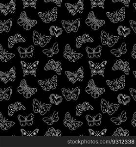 Butterflies doodle pattern. Seamless background with outline flying insects. Black and white print. Vector repeat illustration for designs, textile, fabric, wrapping paper.. Butterflies doodle pattern. Seamless background with outline flying insects. Black and white print. Vector repeat illustration for designs, textile, fabric, wrapping paper