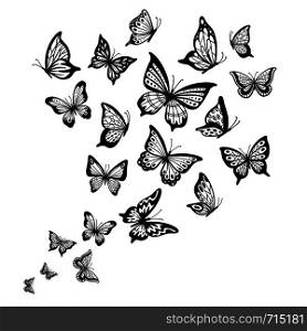 Butterflies flow. Butterfly wing, spring flying insect and flight wave. Fly insects, black drawing butterfly silhouette for greeting card or tattoo sketch. Vector background illustration. Butterflies flow. Butterfly wing, spring flying insect and flight wave vector background illustration