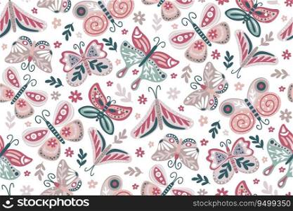 Butterflies, flowers, foliage and herbs seamless pattern. Hand drawn botanical beautiful background. Feminine floral print with moths for textiles, wallpaper, design vector illustration. Butterflies, flowers, foliage and herbs seamless pattern