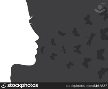 Butterflies fly from a mouth of the girl. A vector illustration