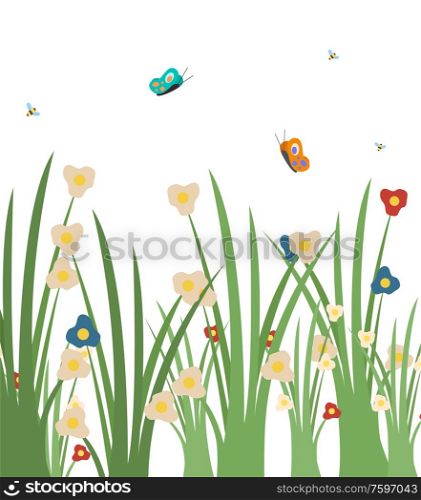 Butterflies flying above grass vector, foliage spring season blooming flora and fauna, flowering plants closeup. Freshness of lawn greenery with flowers. Grass with Flowers Blooming and Flying Butterflies