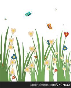 Butterflies flying above grass vector, foliage spring season blooming flora and fauna, flowering plants closeup. Freshness of lawn greenery with flowers. Grass with Flowers Blooming and Flying Butterflies