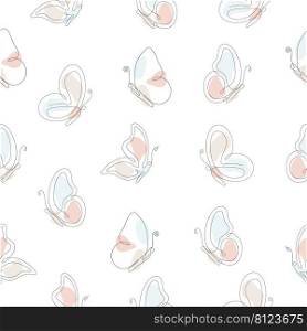 Butterflies flying line art seamless pattern. Continuous one line drawing butterflies insects with pastel color shapes. Vector isolated on white. 