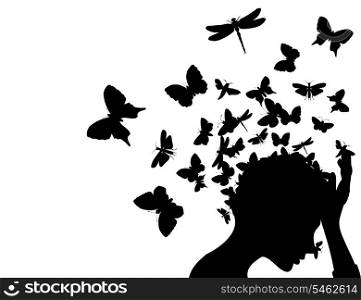 Butterflies from a head. From a head of the girl butterflies take off. A vector illustration