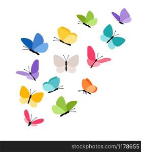 Butterflies in flight. Colorful tropical butterfly decorative elements on white for design, vector illustration. Butterflies in flight