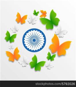Butterflies in Traditional Tricolor of Indian Flag. Illustration Butterflies in Traditional Tricolor of Indian Flag and Ashoka Wheel for Independence Day - Vector