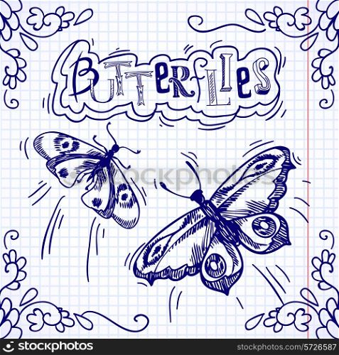 Butterflies insects blue doodle with floral ornament on squared background vector illustration