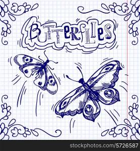 Butterflies insects blue doodle with floral ornament on squared background vector illustration