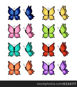 Butterflies of different colors on a white background. Vector illustration