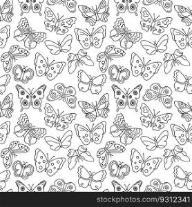 Butterflies pattern. Black and white seamless background with doodle flying insects. Vector repeat illustration for designs, textile, fabric, wrapping paper.. Butterflies pattern. Black and white seamless background with doodle flying insects. Vector repeat illustration for designs, textile, fabric, wrapping paper