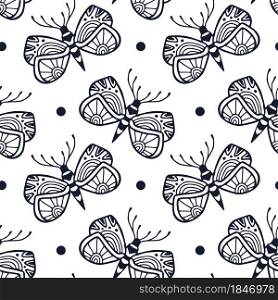 Butterflies seamless pattern in ornamental hand drawn style. Block print textile design with cute black and white butterfly. Butterflies seamless pattern in ornamental hand drawn style. Block print textile design with cute black and white butterfly.