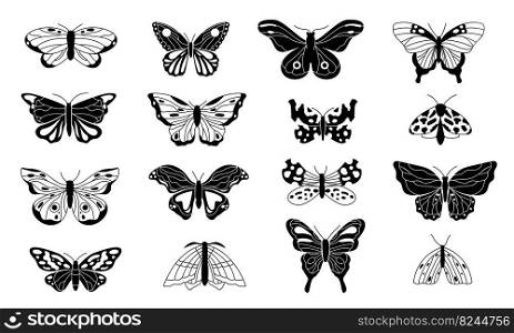 Butterflies silhouettes. Black sketches of flying winged insects, monochrome doodle butterfly contours for tattoo, engraving, decoration. Vector isolated set. Different beautiful wild animals. Butterflies silhouettes. Black sketches of flying winged insects, monochrome doodle butterfly contours for tattoo, engraving, decoration. Vector isolated set