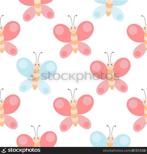 Butterflies summer seamless baby pattern. Background with cute moths. Child characters template. Print for textiles, wallpaper and design vector illustration. Butterflies summer seamless baby pattern
