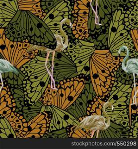 Butterflies wings and abstract colors tropical birds flamingo seamless vector pattern. Stylish trendy wallpaper