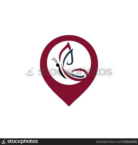 Butterfly and map pointer logo design. Butterfly and gps locator symbol or icon. Beauty salon vector logo creative illustration.