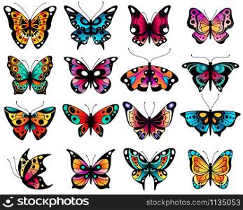 Butterfly. Colorful stylized butterflies with openwork wings, different summer flying insects. Romantic wedding card isolated vector cute decorative elements. Butterfly. Colorful stylized butterflies with openwork wings, different summer flying insects. Romantic wedding card vector elements