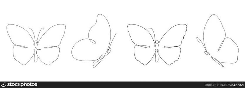 Butterfly continuous one line drawing set. Linear art butterfly flying collection. Vector isolated on white.. Butterfly continuous one line drawing set.
