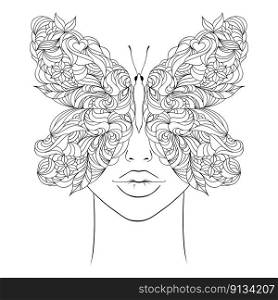 Butterfly covers woman’s face.Hand drawn illustration.