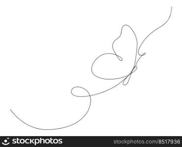 Butterfly flying continuous line art drawing. One line butter fly insect. Vector isolated on white. 