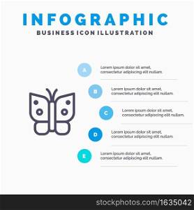 Butterfly, Freedom, Insect, Wings Blue Infographics Template 5 Steps. Vector Line Icon template