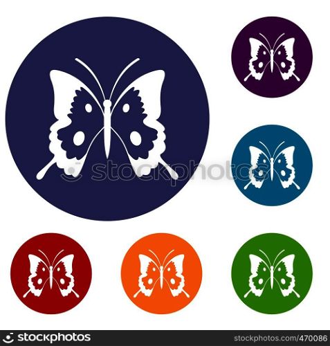 Butterfly icons set in flat circle reb, blue and green color for web. Butterfly icons set