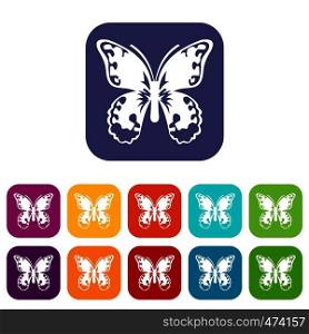Butterfly icons set vector illustration in flat style In colors red, blue, green and other. Butterfly icons set