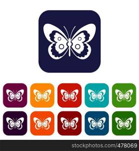 Butterfly icons set vector illustration in flat style in colors red, blue, green, and other. Butterfly icons set