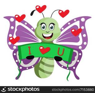 Butterfly in love, illustration, vector on white background.