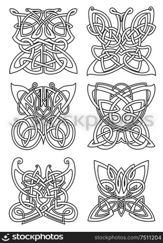 Butterfly insect tribal celtic ornaments set with swirl wings and bodies. For tattoo, print or religious art design. Butterfly insect tribal celtic ornaments